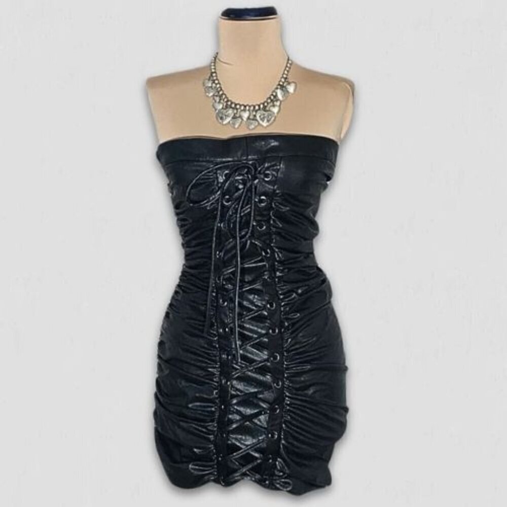 Forever 21 Black Faux Leather Lace Up Corset Mini Dress Small